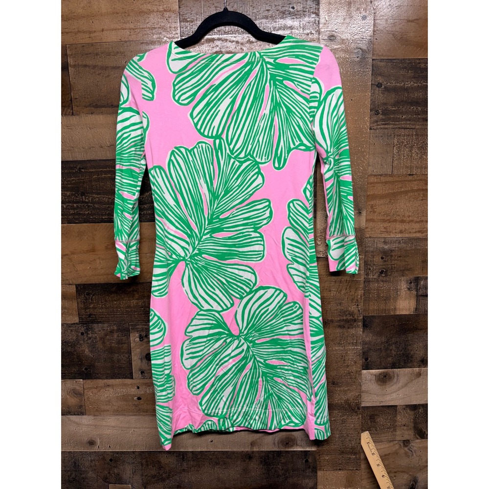 Lilly Pulitzer Pink Green Palm Leaf Print Button Shoulder Shift Dress XXS - Picture 6 of 7